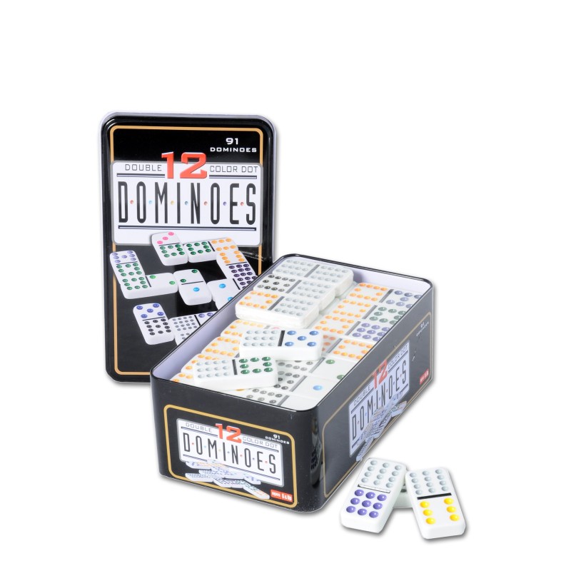 Jeu de dominos double 12 dans une boite en métal Dominos Engelhart Styles:Coloré Age minimum ( en années ):6 ans Thèmes:Mathémat