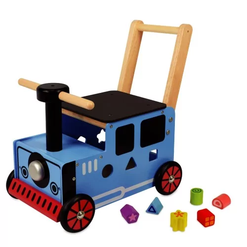 Pousseur porteur multifonctions petit train bleu en bois