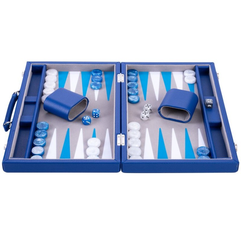Backgammon 15" bleu de qualité 38 cm, accessoires nacrés Backgammon Engelhart Largeur:38 cm Styles:De luxe Age minimum ( en ann