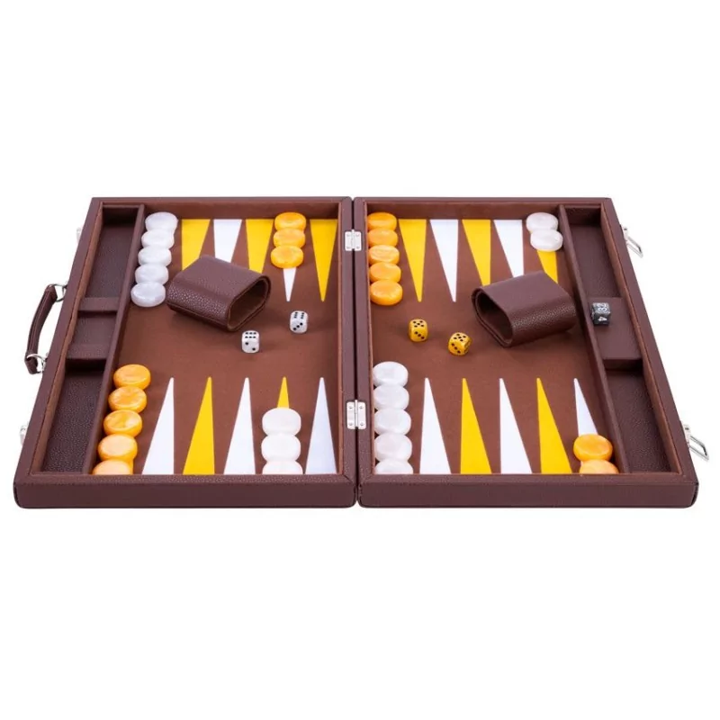 Backgammon marron et jaune de qualité 38 cm, accessoires nacrés