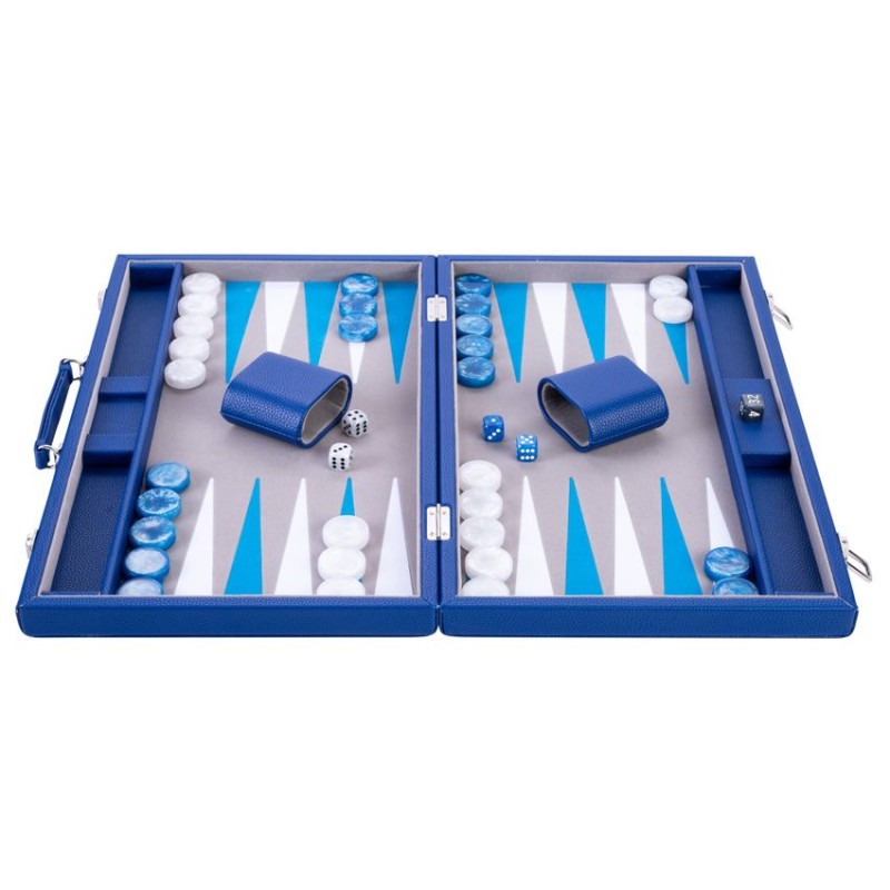Backgammon 18" bleu et blanc de qualité 45,5 cm, accessoires nacrés Backgammon Engelhart Largeur:45,5 cm Styles:De luxe Nacré Ag