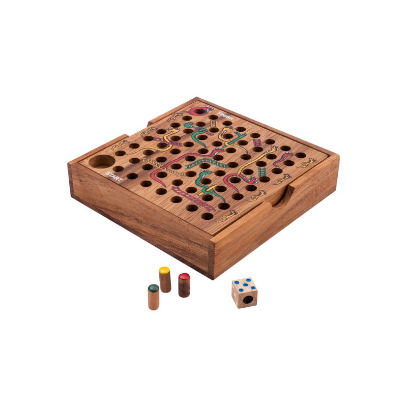 Jeu du serpent et échelle dans un coffret en bois Jeux de société en bois Engelhart Longeur:13,50 cm Largeur:13,50 cm Profondeur