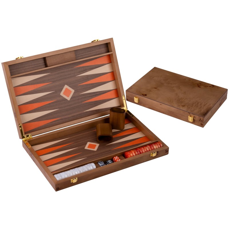 Backgammon bois luxe 15 pouces ronce noyer orange blanc ouvert 48x38 cm