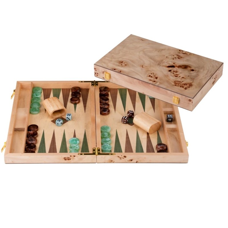 Backgammon bois luxe 15 pouces vert brun ronce noyer