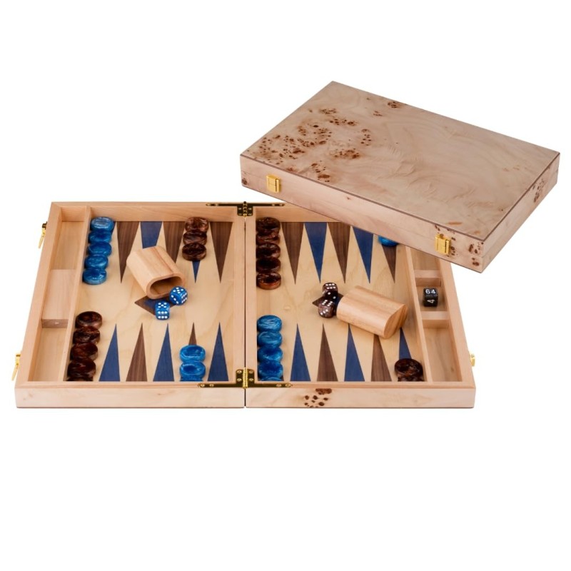 Backgammon bois luxe 15 pouces bleu brun ronce noyer